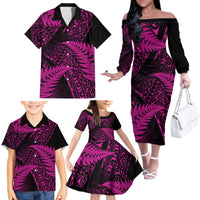 New Zealand Rugby Pacific Personalised Family Matching Off The Shoulder Long Sleeve Dress and Hawaiian Shirt All Pink Maori Pasifika Fern Pattern
