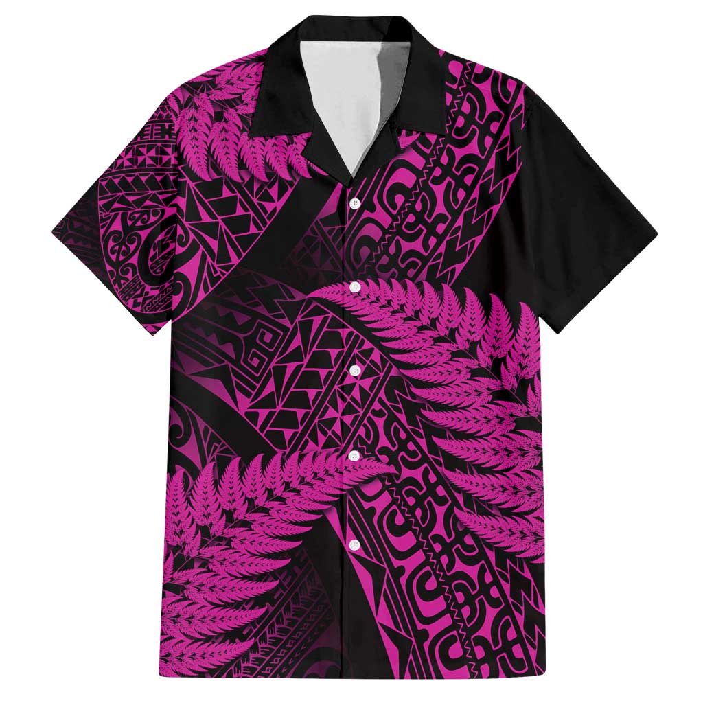 New Zealand Rugby Pacific Personalised Family Matching Off Shoulder Maxi Dress and Hawaiian Shirt All Pink Maori Pasifika Fern Pattern