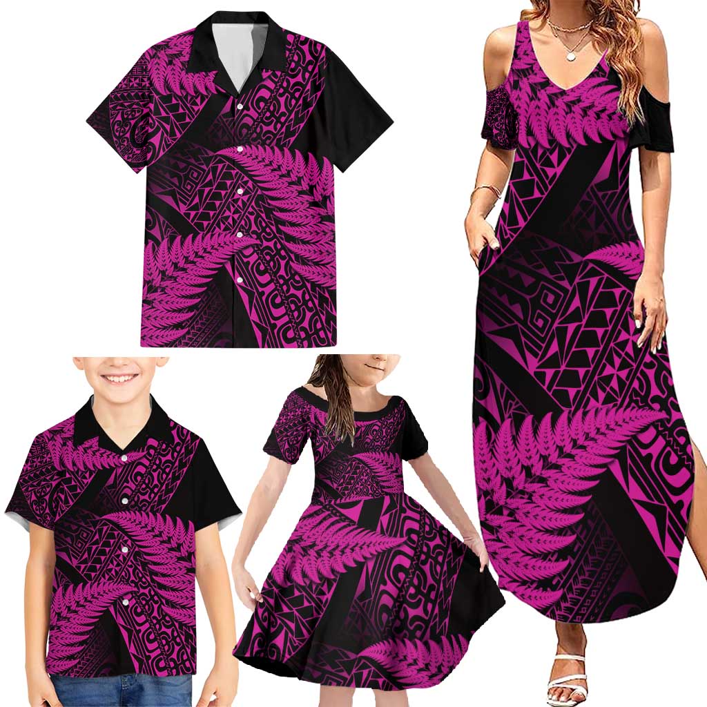 New Zealand Rugby Pacific Personalised Family Matching Summer Maxi Dress and Hawaiian Shirt All Pink Maori Pasifika Fern Pattern LT9 - Polynesian Pride