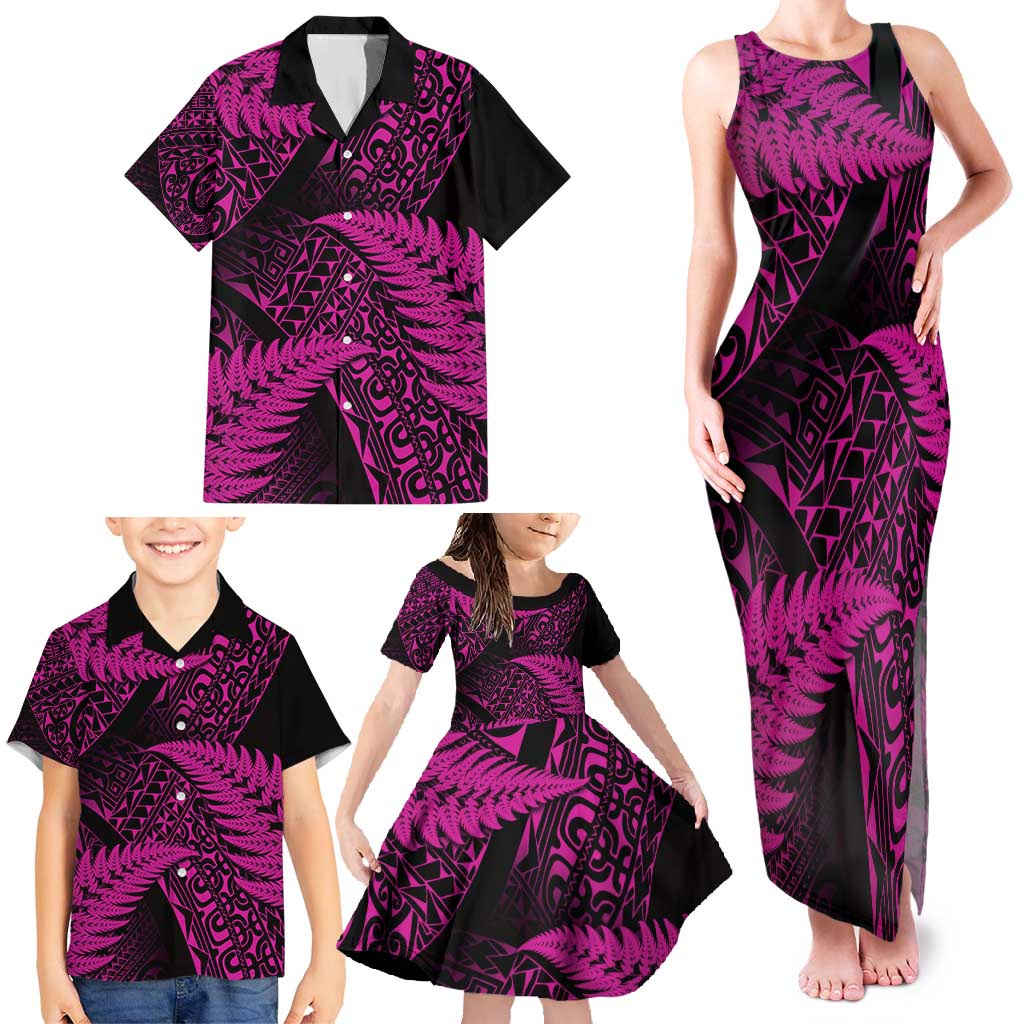 New Zealand Rugby Pacific Personalised Family Matching Tank Maxi Dress and Hawaiian Shirt All Pink Maori Pasifika Fern Pattern LT9 - Polynesian Pride