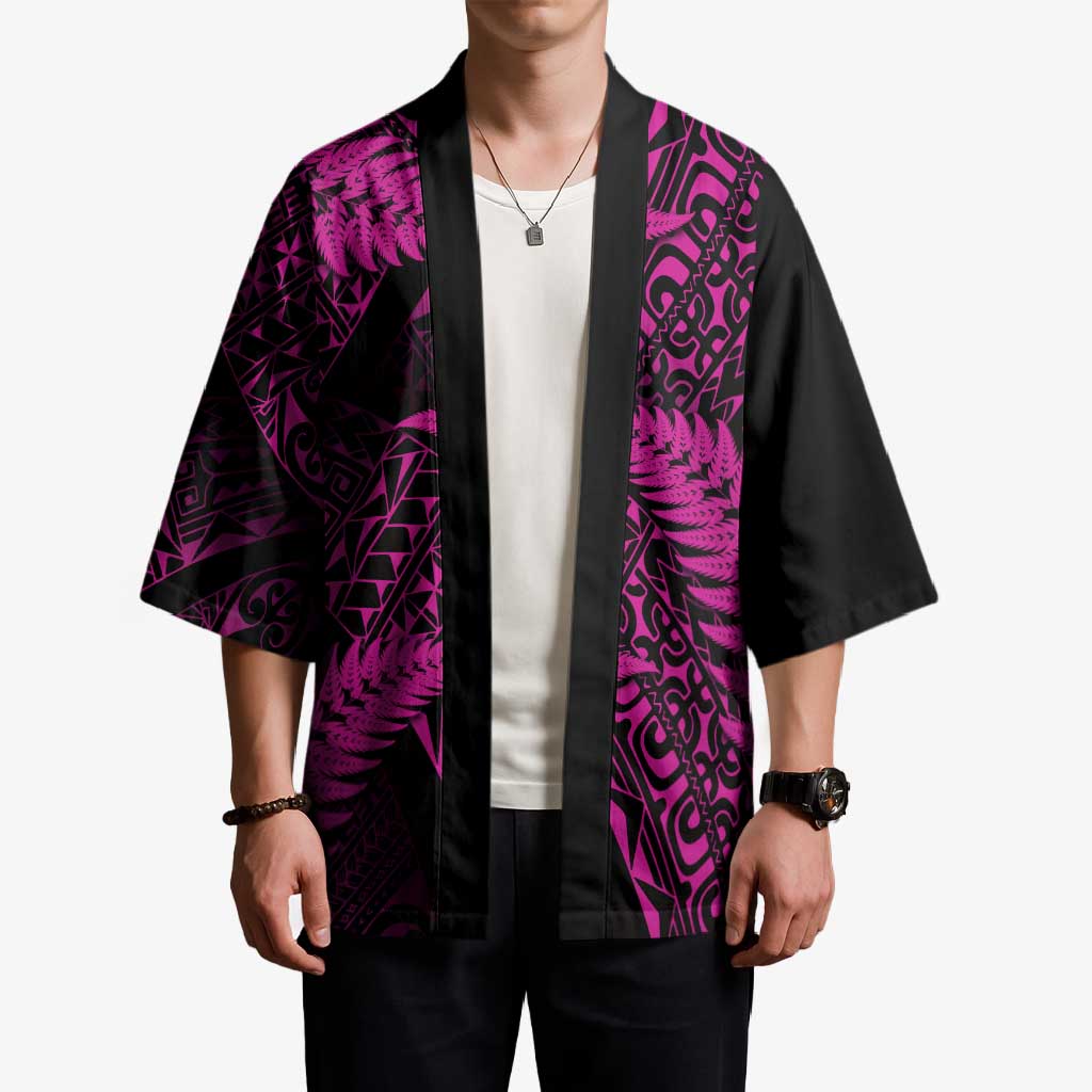 New Zealand Rugby Pacific Personalised Kimono All Pink Maori Pasifika Fern Pattern - Polynesian Pride