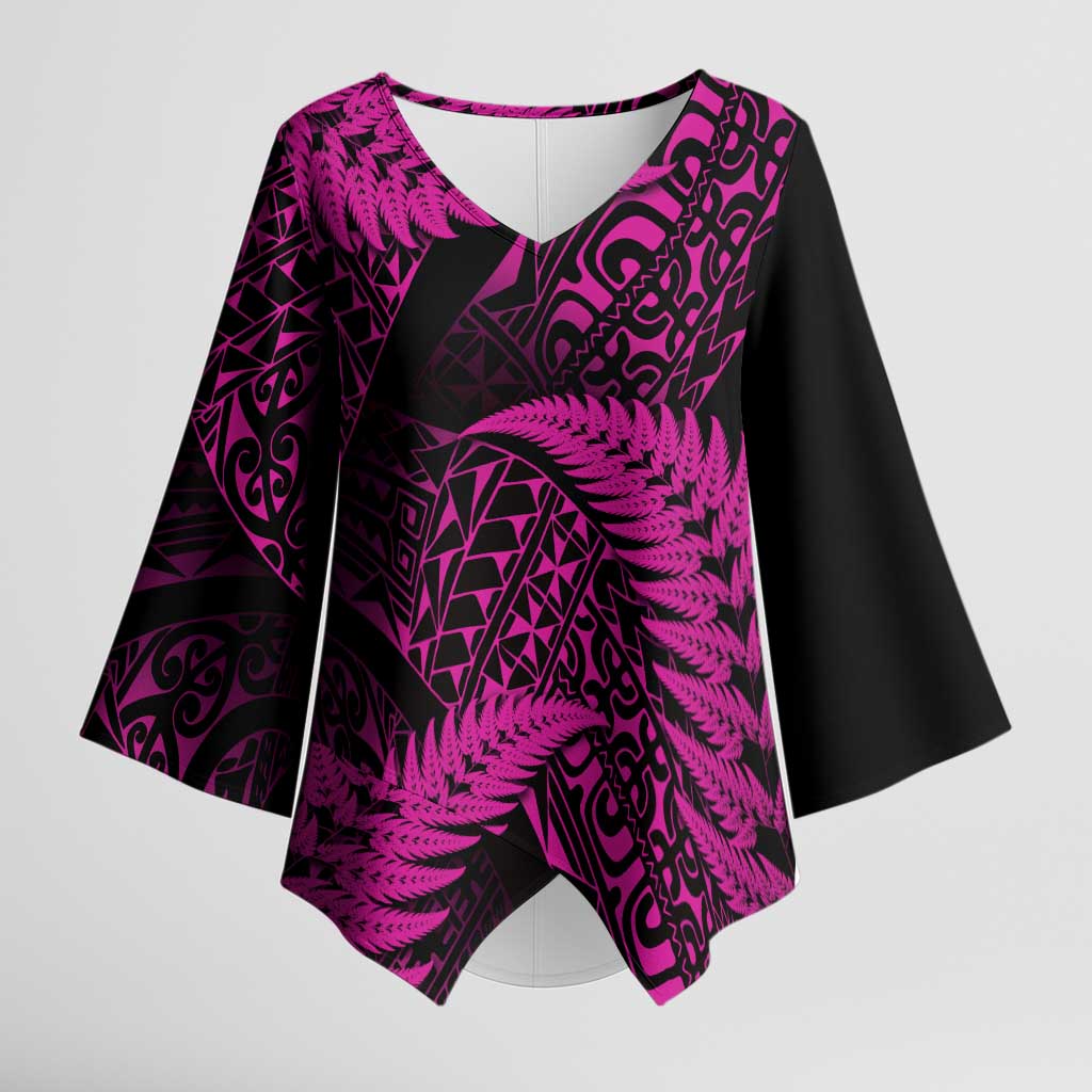 New Zealand Rugby Pacific Personalised Kimono Sleeve Blouse All Pink Maori Pasifika Fern Pattern - Polynesian Pride