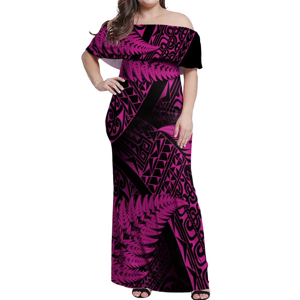 New Zealand Rugby Pacific Personalised Off Shoulder Maxi Dress All Pink Maori Pasifika Fern Pattern