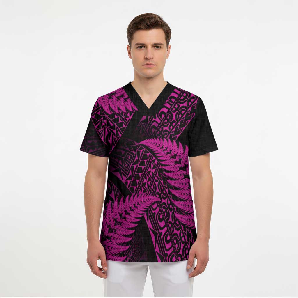 New Zealand Rugby Pacific Personalised Scrub Top All Pink Maori Pasifika Fern Pattern - Polynesian Pride