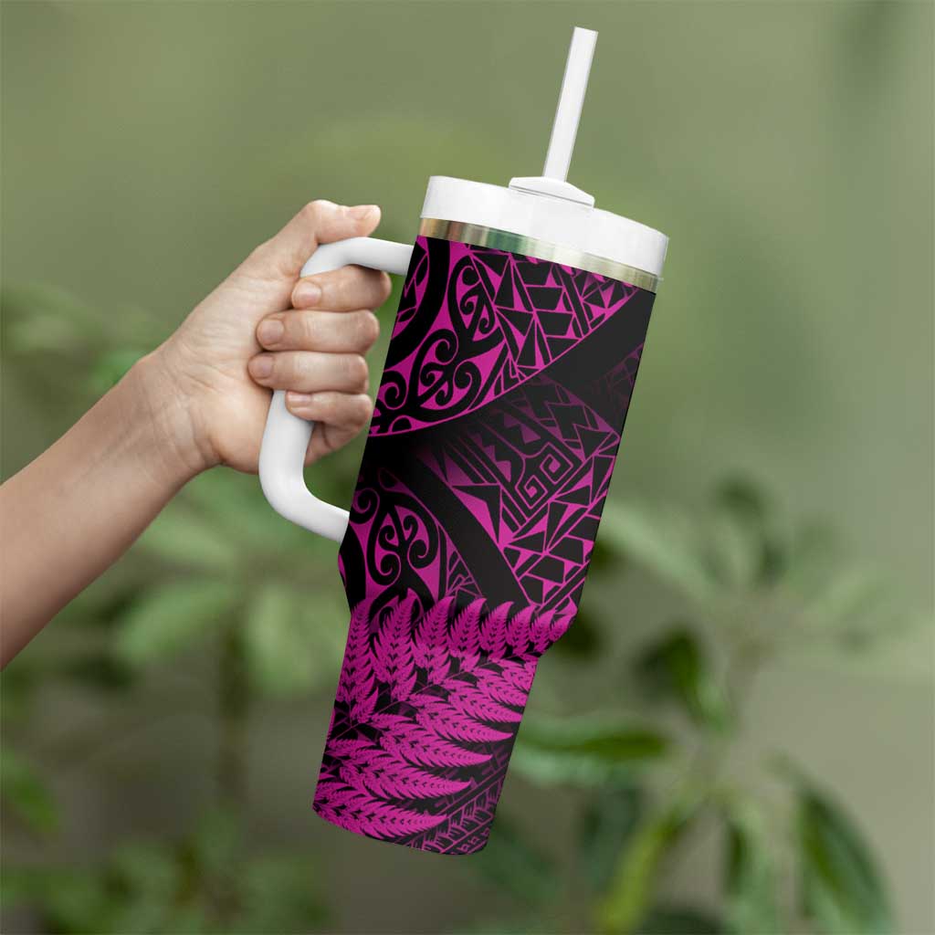 New Zealand Rugby Pacific Personalised Tumbler With Handle All Pink Maori Pasifika Fern Pattern LT9 - Polynesian Pride