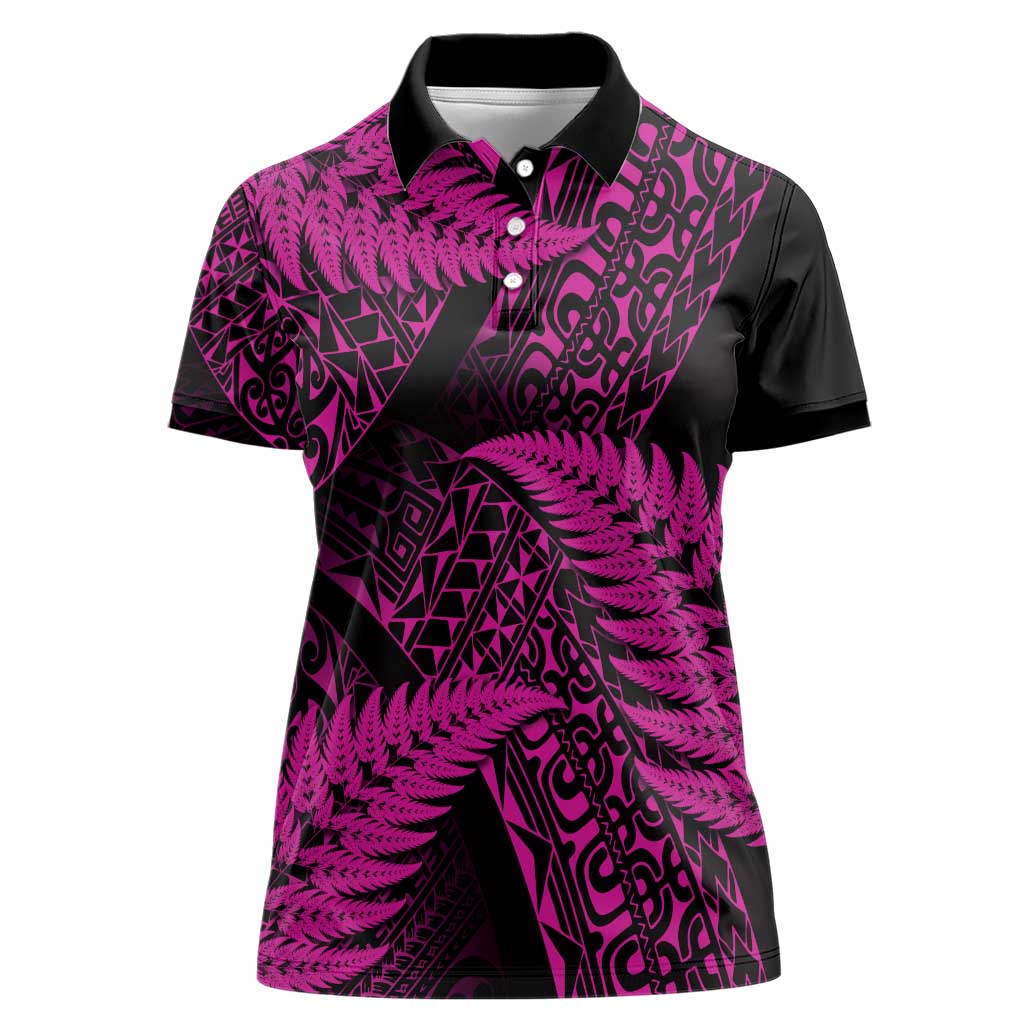 New Zealand Rugby Pacific Personalised Women Polo Shirt All Pink Maori Pasifika Fern Pattern