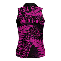 New Zealand Rugby Pacific Personalised Women Sleeveless Polo Shirt All Pink Maori Pasifika Fern Pattern