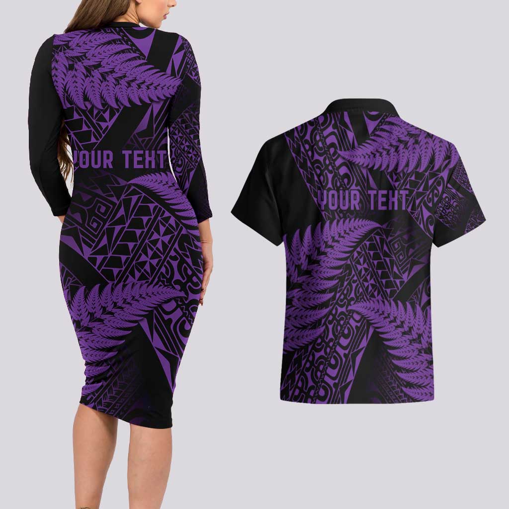 New Zealand Rugby Pacific Personalised Couples Matching Long Sleeve Bodycon Dress and Hawaiian Shirt All Purple Maori Pasifika Fern Pattern LT9 - Polynesian Pride