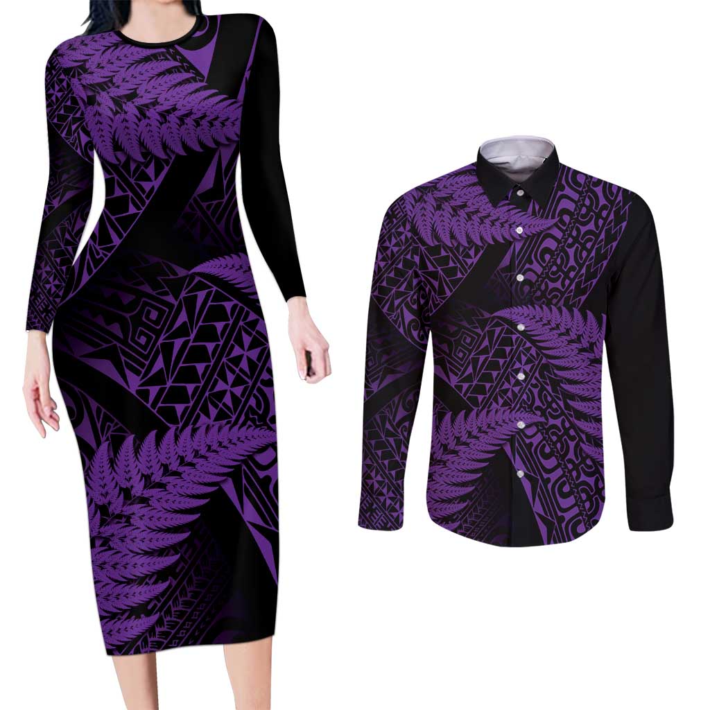 New Zealand Rugby Pacific Personalised Couples Matching Long Sleeve Bodycon Dress and Long Sleeve Button Shirt All Purple Maori Pasifika Fern Pattern LT9 Purple - Polynesian Pride