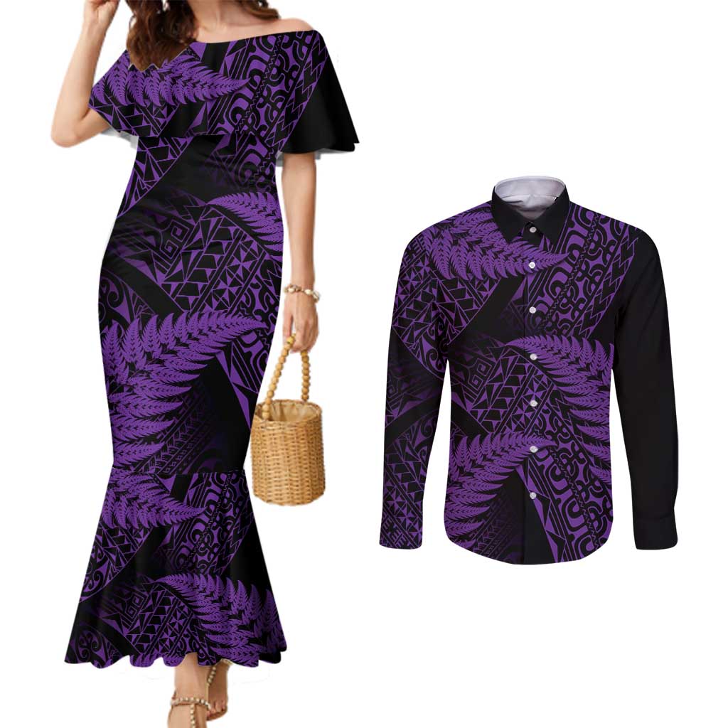 New Zealand Rugby Pacific Personalised Couples Matching Mermaid Dress and Long Sleeve Button Shirt All Purple Maori Pasifika Fern Pattern LT9 Purple - Polynesian Pride