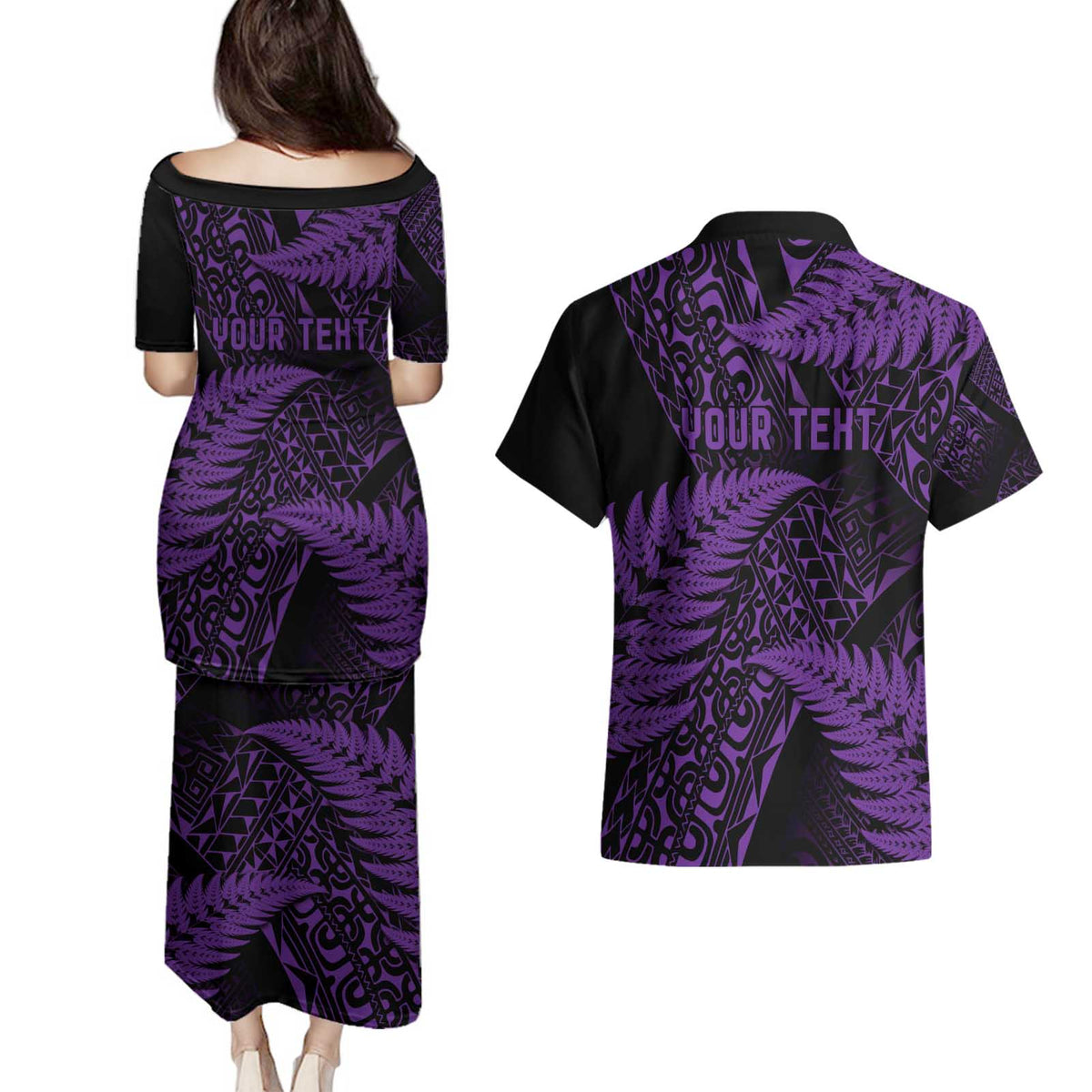 New Zealand Rugby Pacific Personalised Couples Matching Puletasi and Hawaiian Shirt All Purple Maori Pasifika Fern Pattern