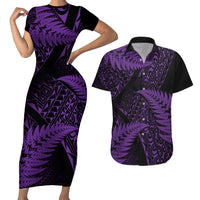 New Zealand Rugby Pacific Personalised Couples Matching Short Sleeve Bodycon Dress and Hawaiian Shirt All Purple Maori Pasifika Fern Pattern LT9 Purple - Polynesian Pride