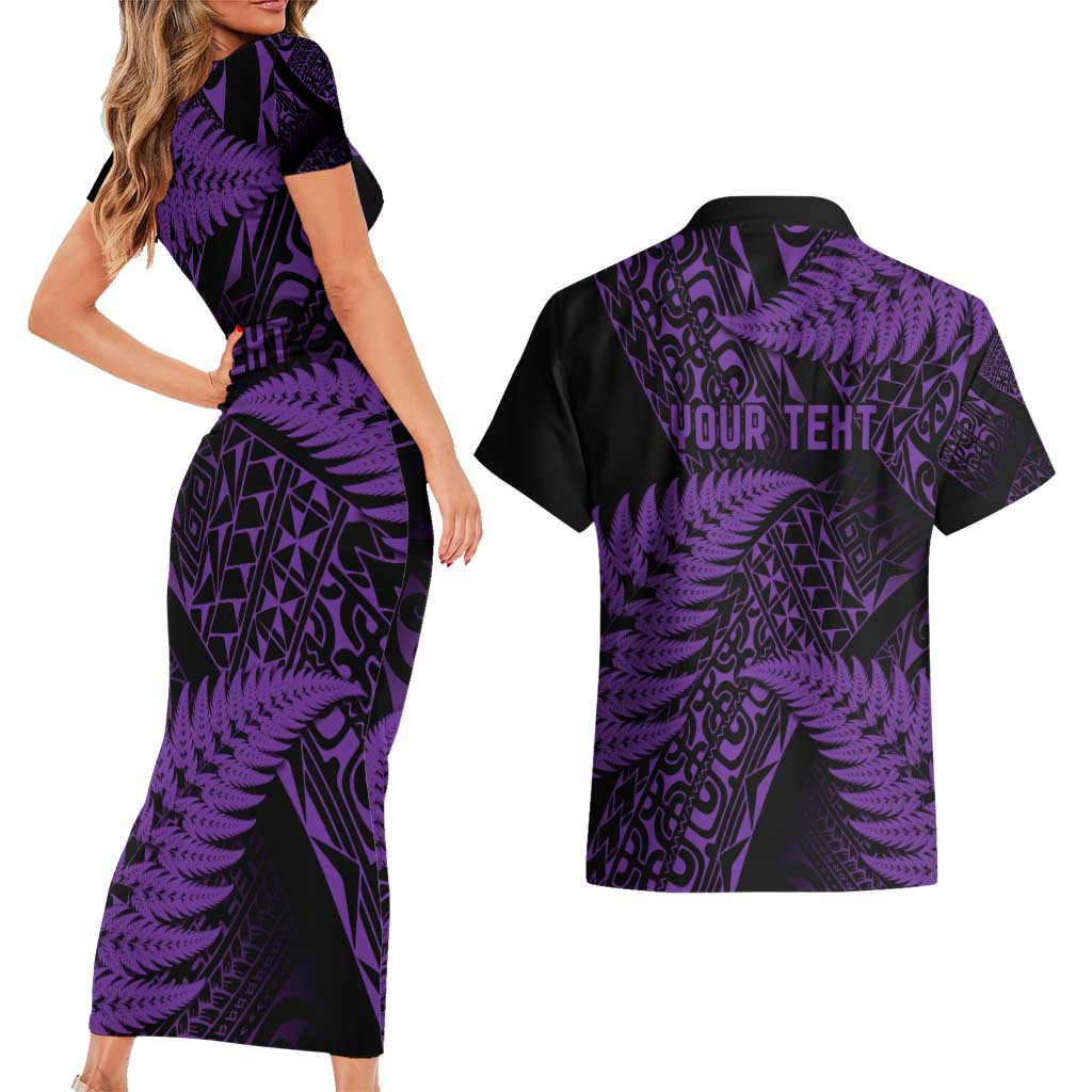New Zealand Rugby Pacific Personalised Couples Matching Short Sleeve Bodycon Dress and Hawaiian Shirt All Purple Maori Pasifika Fern Pattern LT9 - Polynesian Pride