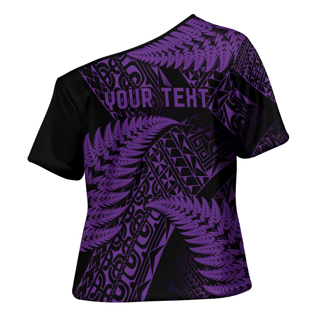 New Zealand Rugby Pacific Personalised Cross Shoulder Shirt All Purple Maori Pasifika Fern Pattern - Polynesian Pride