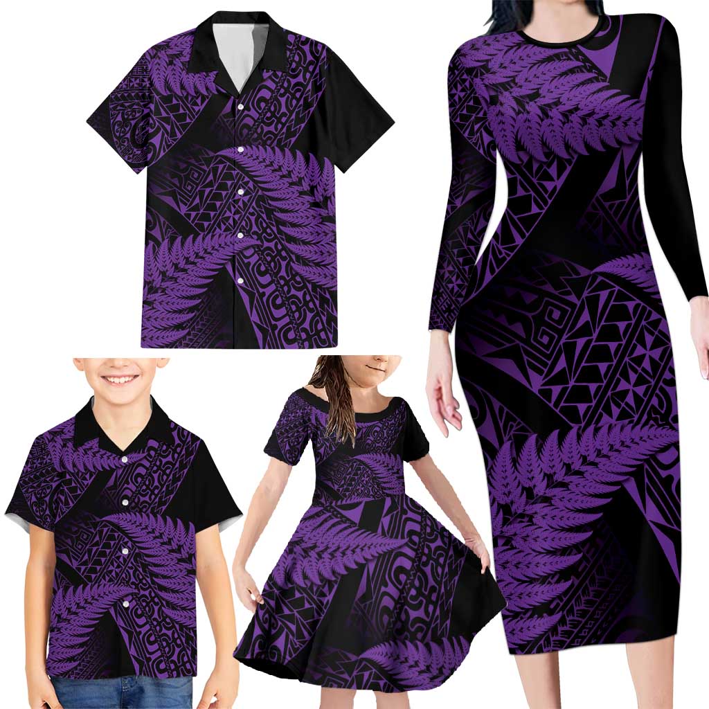 New Zealand Rugby Pacific Personalised Family Matching Long Sleeve Bodycon Dress and Hawaiian Shirt All Purple Maori Pasifika Fern Pattern LT9 - Polynesian Pride