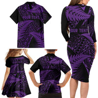 New Zealand Rugby Pacific Personalised Family Matching Long Sleeve Bodycon Dress and Hawaiian Shirt All Purple Maori Pasifika Fern Pattern LT9 - Polynesian Pride