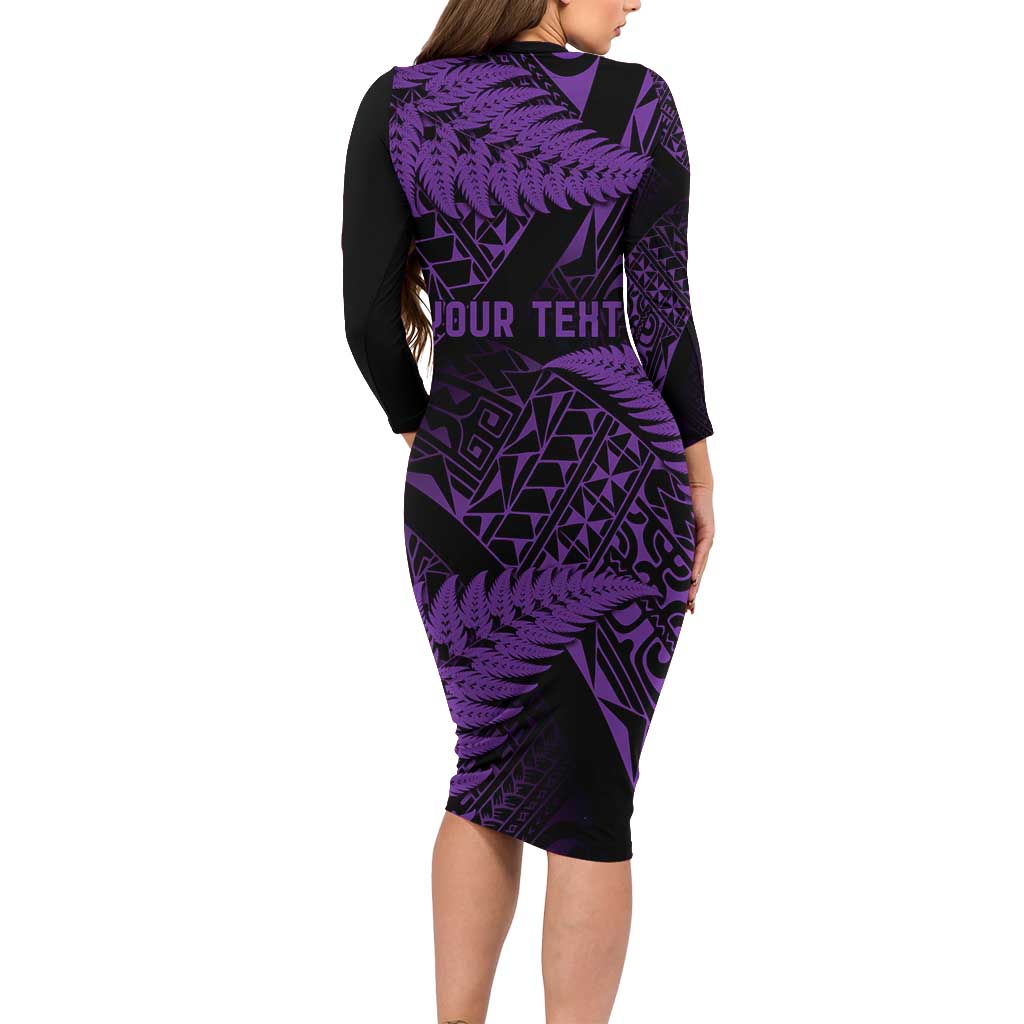 New Zealand Rugby Pacific Personalised Family Matching Long Sleeve Bodycon Dress and Hawaiian Shirt All Purple Maori Pasifika Fern Pattern LT9 - Polynesian Pride