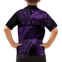 New Zealand Rugby Pacific Personalised Family Matching Off The Shoulder Long Sleeve Dress and Hawaiian Shirt All Purple Maori Pasifika Fern Pattern