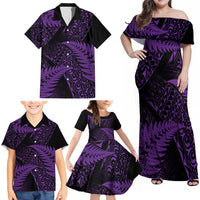 New Zealand Rugby Pacific Personalised Family Matching Off Shoulder Maxi Dress and Hawaiian Shirt All Purple Maori Pasifika Fern Pattern