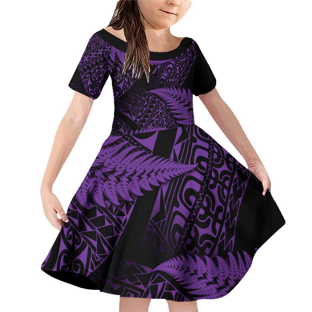 New Zealand Rugby Pacific Personalised Family Matching Off Shoulder Short Dress and Hawaiian Shirt All Purple Maori Pasifika Fern Pattern LT9 Daughter's Dress Purple - Polynesian Pride