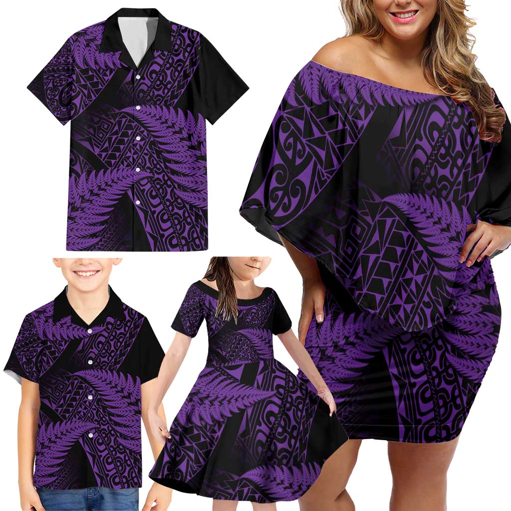 New Zealand Rugby Pacific Personalised Family Matching Off Shoulder Short Dress and Hawaiian Shirt All Purple Maori Pasifika Fern Pattern LT9 - Polynesian Pride