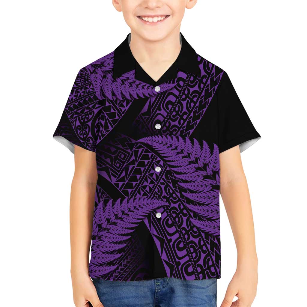 New Zealand Rugby Pacific Personalised Family Matching Off Shoulder Short Dress and Hawaiian Shirt All Purple Maori Pasifika Fern Pattern LT9 Son's Shirt Purple - Polynesian Pride