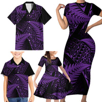 New Zealand Rugby Pacific Personalised Family Matching Short Sleeve Bodycon Dress and Hawaiian Shirt All Purple Maori Pasifika Fern Pattern LT9 - Polynesian Pride