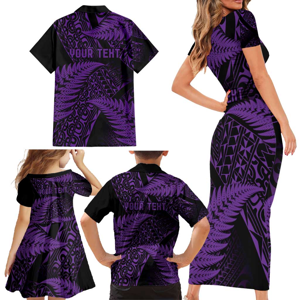 New Zealand Rugby Pacific Personalised Family Matching Short Sleeve Bodycon Dress and Hawaiian Shirt All Purple Maori Pasifika Fern Pattern LT9 - Polynesian Pride