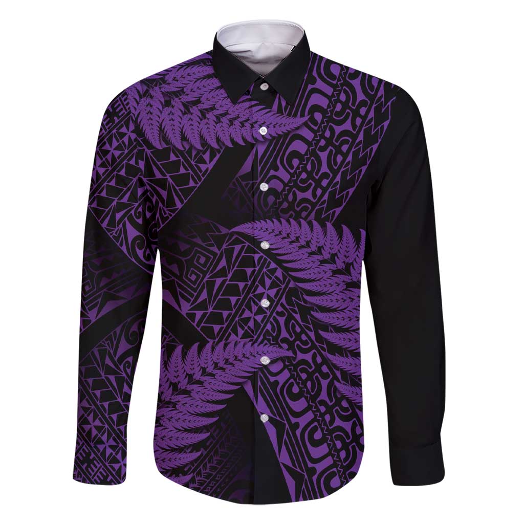 New Zealand Rugby Pacific Personalised Family Matching Short Sleeve Bodycon Dress and Hawaiian Shirt All Purple Maori Pasifika Fern Pattern LT9 Dad's Shirt - Long Sleeve Purple - Polynesian Pride