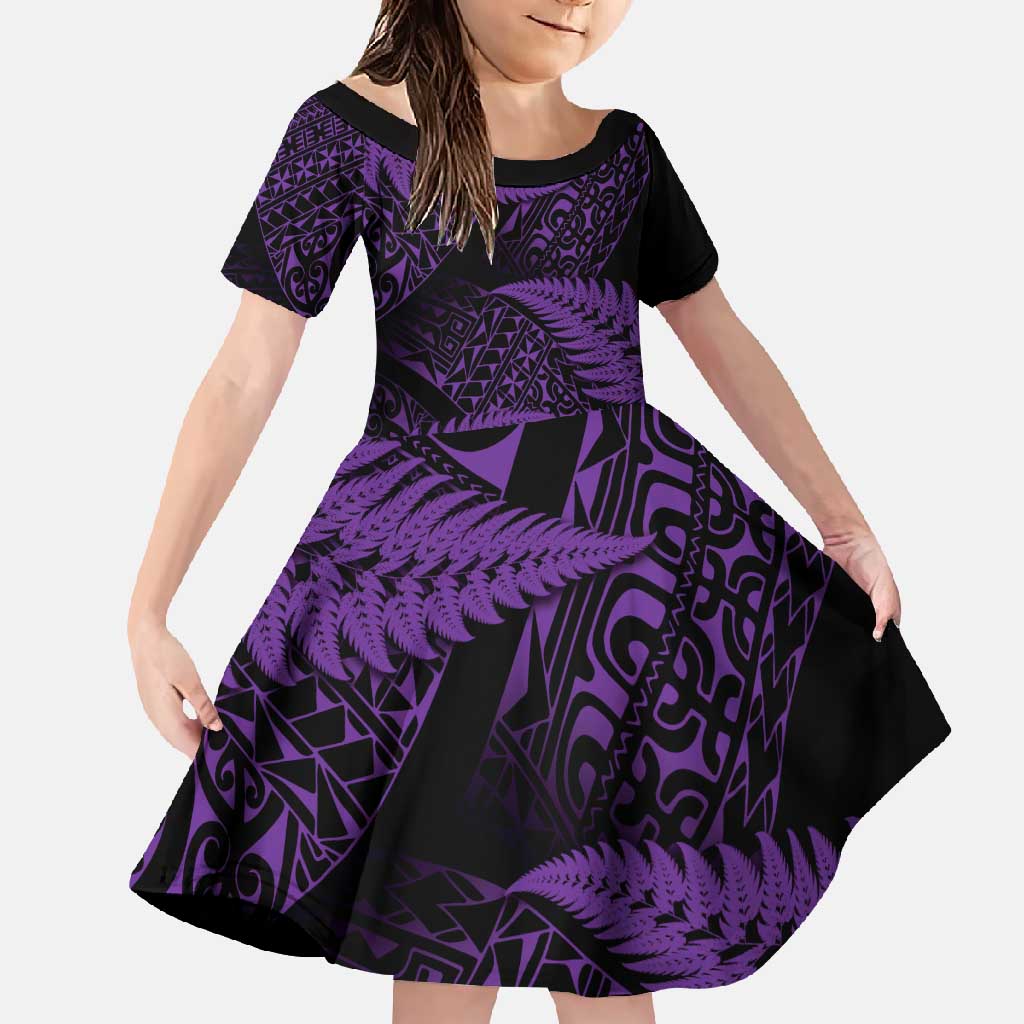 New Zealand Rugby Pacific Personalised Family Matching Summer Maxi Dress and Hawaiian Shirt All Purple Maori Pasifika Fern Pattern LT9 Daughter's Dress Purple - Polynesian Pride