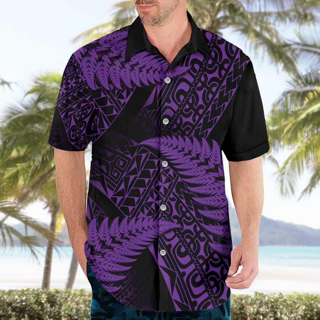 New Zealand Rugby Pacific Personalised Hawaiian Shirt All Purple Maori Pasifika Fern Pattern