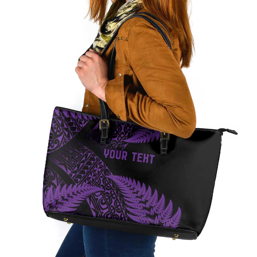New Zealand Rugby Pacific Personalised Leather Tote Bag All Purple Maori Pasifika Fern Pattern LT9 Purple - Polynesian Pride