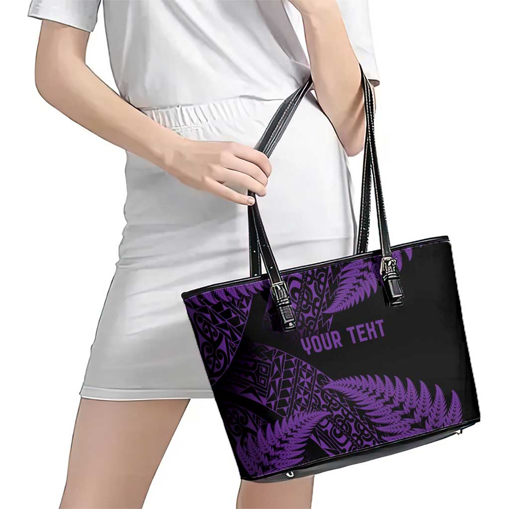New Zealand Rugby Pacific Personalised Leather Tote Bag All Purple Maori Pasifika Fern Pattern LT9 - Polynesian Pride