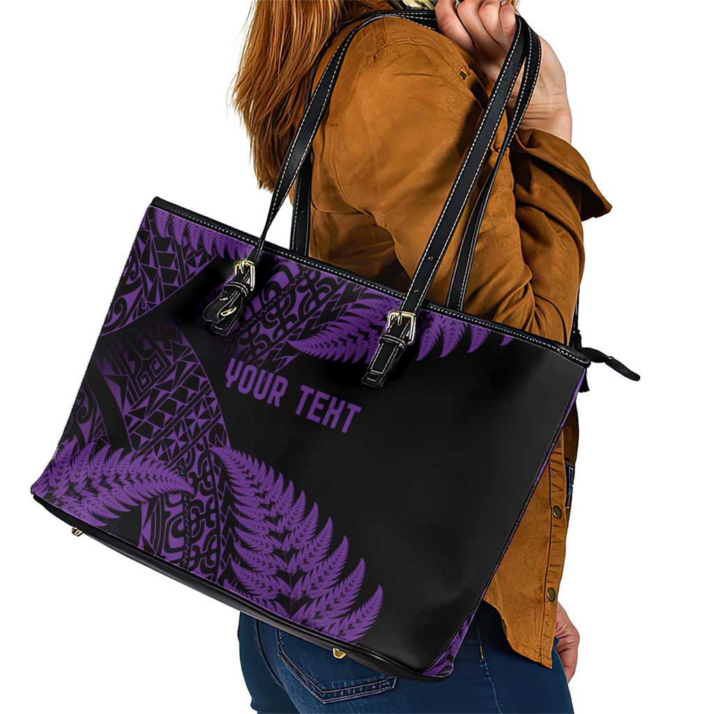 New Zealand Rugby Pacific Personalised Leather Tote Bag All Purple Maori Pasifika Fern Pattern LT9 - Polynesian Pride