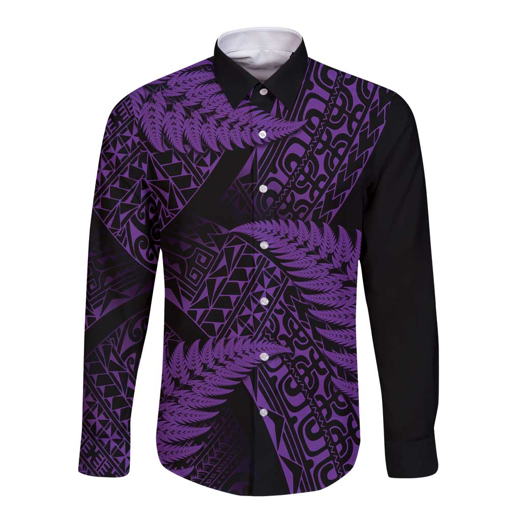 New Zealand Rugby Pacific Personalised Long Sleeve Button Shirt All Purple Maori Pasifika Fern Pattern LT9 Unisex Purple - Polynesian Pride
