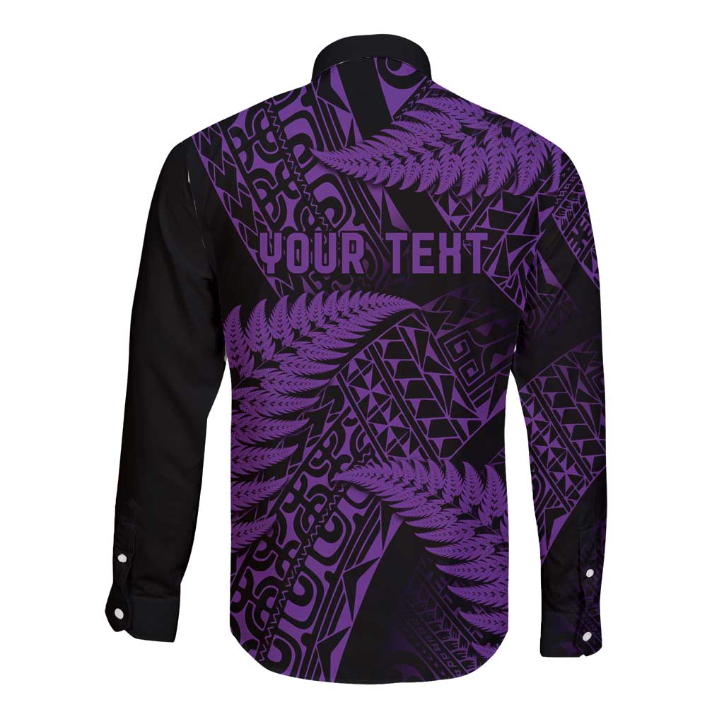 New Zealand Rugby Pacific Personalised Long Sleeve Button Shirt All Purple Maori Pasifika Fern Pattern LT9 - Polynesian Pride