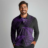 New Zealand Rugby Pacific Personalised Long Sleeve Polo Shirt All Purple Maori Pasifika Fern Pattern