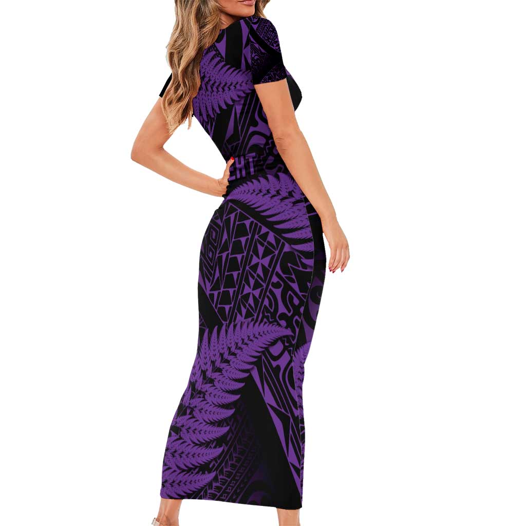 New Zealand Rugby Pacific Personalised Short Sleeve Bodycon Dress All Purple Maori Pasifika Fern Pattern