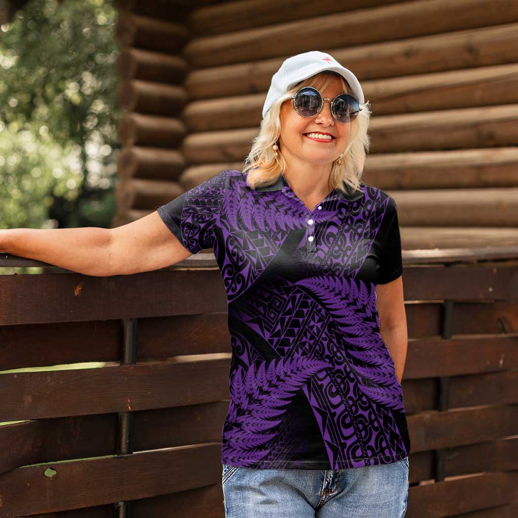 New Zealand Rugby Pacific Personalised Women Polo Shirt All Purple Maori Pasifika Fern Pattern
