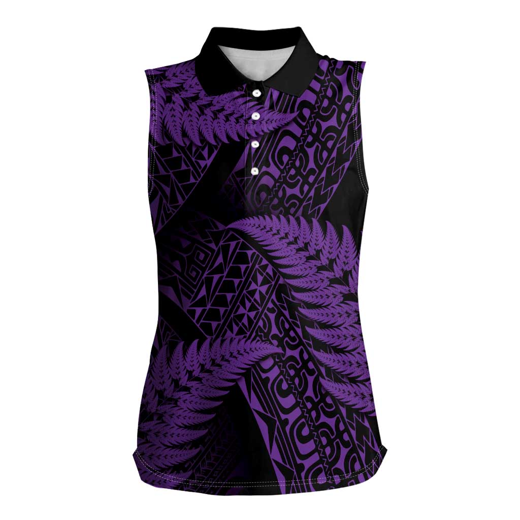 New Zealand Rugby Pacific Personalised Women Sleeveless Polo Shirt All Purple Maori Pasifika Fern Pattern