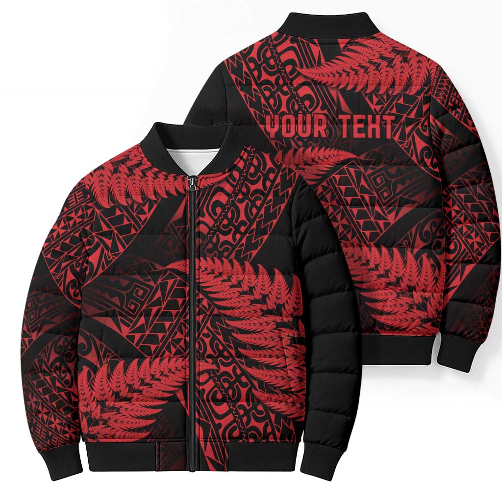 New Zealand Rugby Pacific Personalised Bomber Puffer Jacket All Red Maori Pasifika Fern Pattern - Polynesian Pride