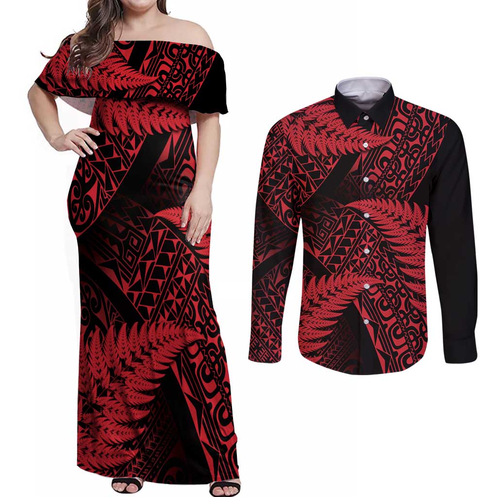 New Zealand Rugby Pacific Personalised Couples Matching Off Shoulder Maxi Dress and Long Sleeve Button Shirt All Red Maori Pasifika Fern Pattern LT9 Red - Polynesian Pride