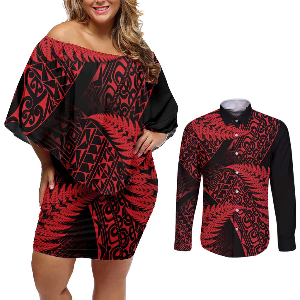 New Zealand Rugby Pacific Personalised Couples Matching Off Shoulder Short Dress and Long Sleeve Button Shirt All Red Maori Pasifika Fern Pattern LT9 Red - Polynesian Pride