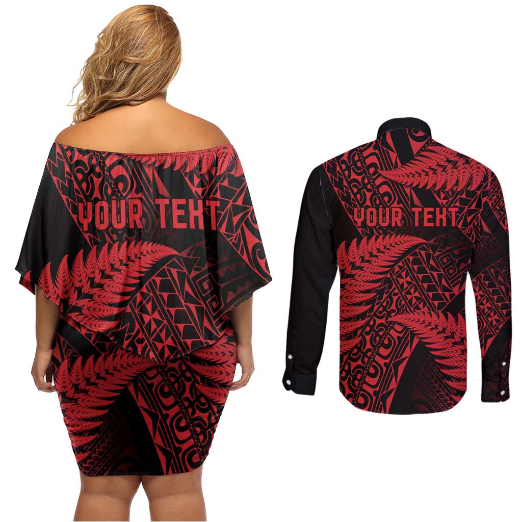 New Zealand Rugby Pacific Personalised Couples Matching Off Shoulder Short Dress and Long Sleeve Button Shirt All Red Maori Pasifika Fern Pattern LT9 - Polynesian Pride