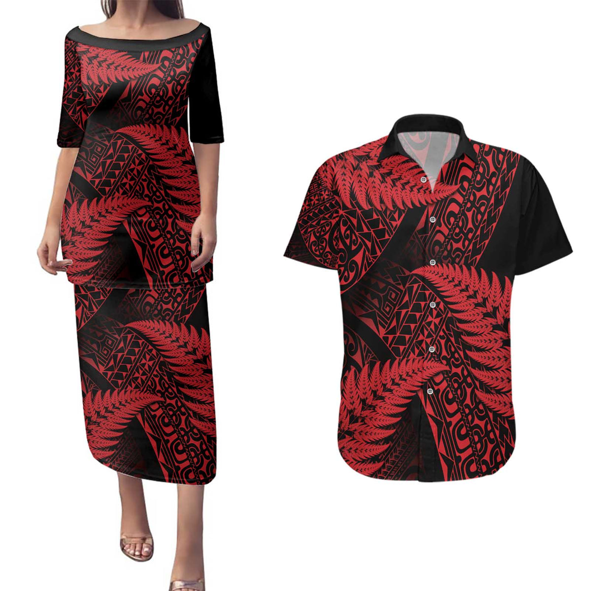 New Zealand Rugby Pacific Personalised Couples Matching Puletasi and Hawaiian Shirt All Red Maori Pasifika Fern Pattern LT9 Red - Polynesian Pride