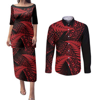 New Zealand Rugby Pacific Personalised Couples Matching Puletasi and Long Sleeve Button Shirt All Red Maori Pasifika Fern Pattern LT9 Red - Polynesian Pride