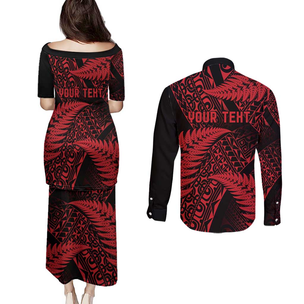 New Zealand Rugby Pacific Personalised Couples Matching Puletasi and Long Sleeve Button Shirt All Red Maori Pasifika Fern Pattern LT9 - Polynesian Pride