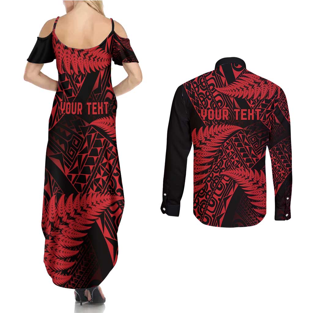 New Zealand Rugby Pacific Personalised Couples Matching Summer Maxi Dress and Long Sleeve Button Shirt All Red Maori Pasifika Fern Pattern LT9 - Polynesian Pride