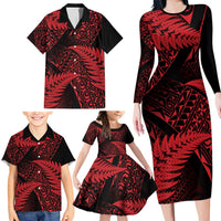 New Zealand Rugby Pacific Personalised Family Matching Long Sleeve Bodycon Dress and Hawaiian Shirt All Red Maori Pasifika Fern Pattern LT9 - Polynesian Pride