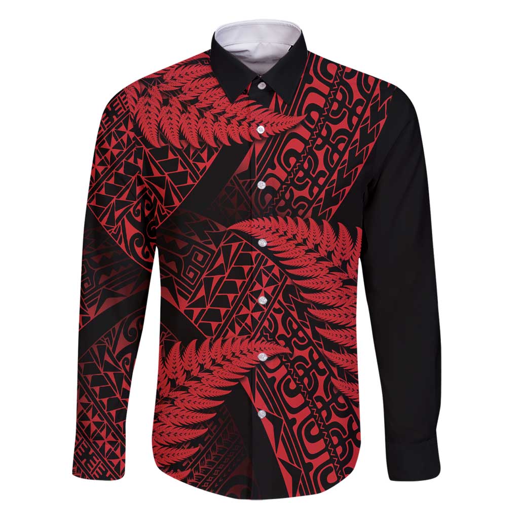 New Zealand Rugby Pacific Personalised Family Matching Mermaid Dress and Hawaiian Shirt All Red Maori Pasifika Fern Pattern LT9 Dad's Shirt - Long Sleeve Red - Polynesian Pride